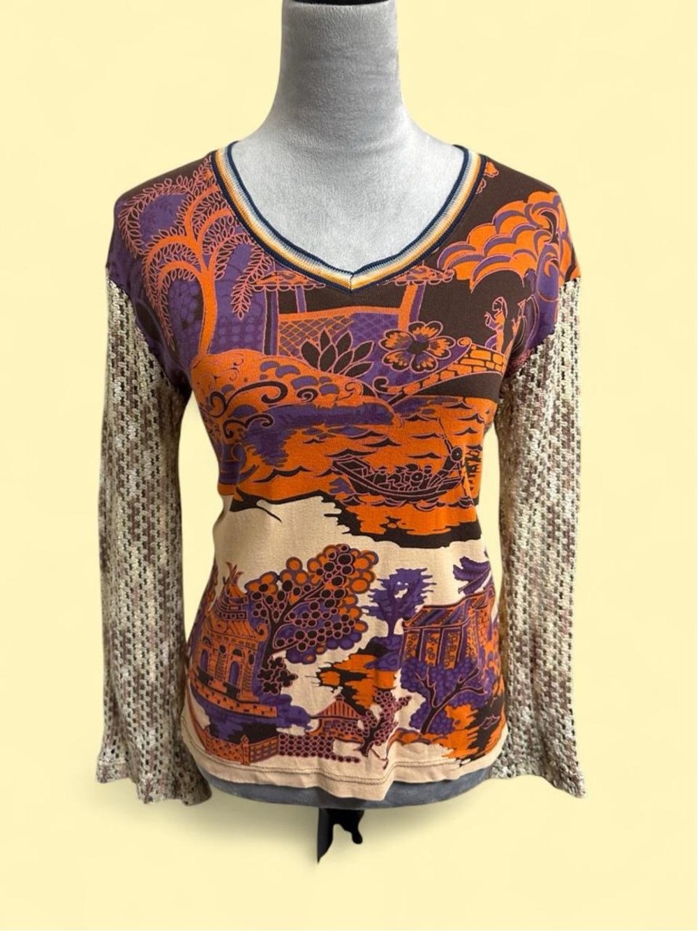 Vintage Custo Barcelona Y2K Graphic Top Asian Landscape Crochet Mesh Sleeves L